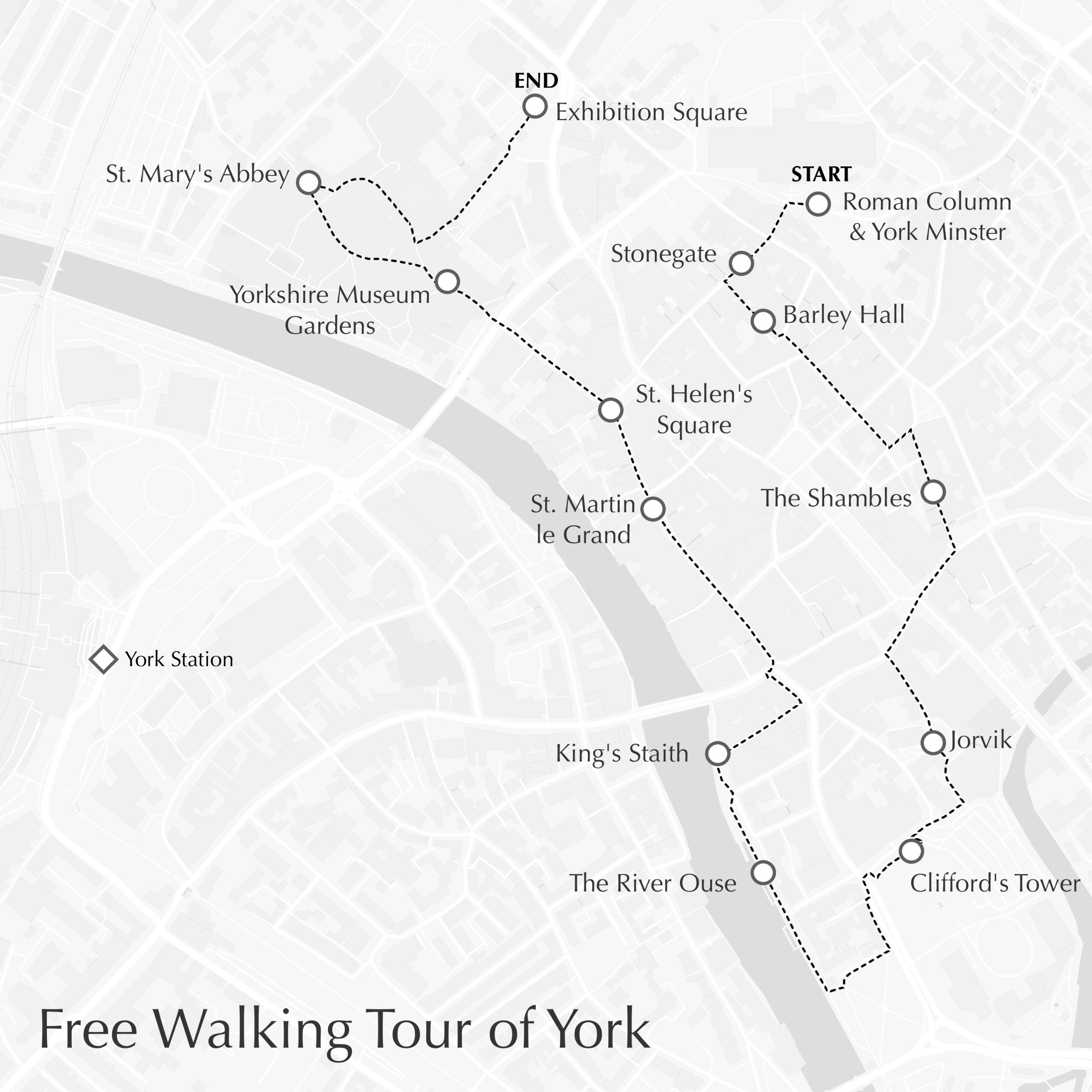 Map showing the route of the Free Walking Tour in York. Starting at the Roman Column it goes clockwise around the city finishing in Exhibition Square